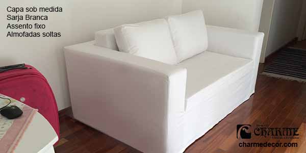 Capa sob medida em sarja branca para sofá de assento fixo e encosto solto